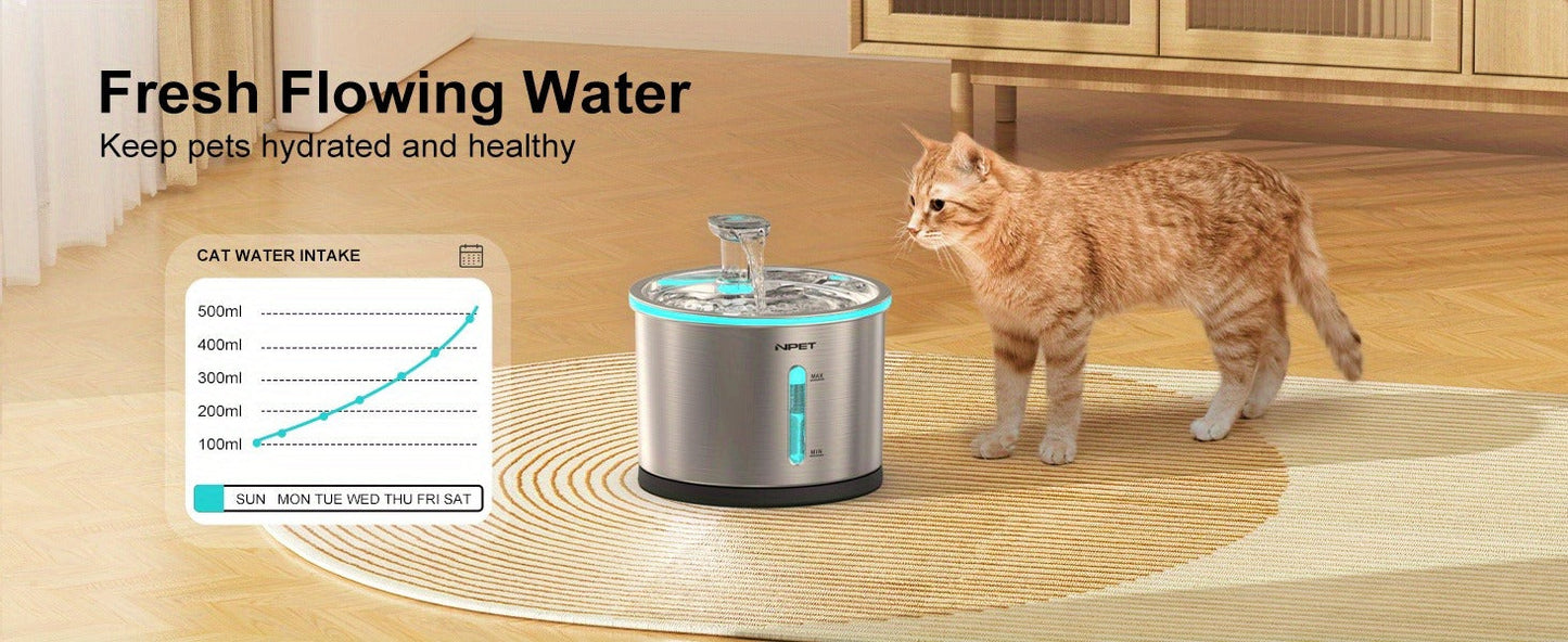 Cat Water Fountain Stainless Steel 50oz/1.5L - Ultra Quiet Auto Pet Water Dispenser with LED Light, Visible Window & Dishwasher Safe - Includes Replacement Filters for Cats & Dogs Indoor