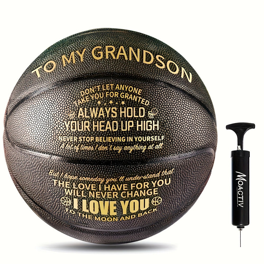 Engraved Basketball Gift for Grandson & Son - Size 7 PU Indoor Outdoor with Pump, Inspirational Message, Birthday Christmas Gift, Multi-Color