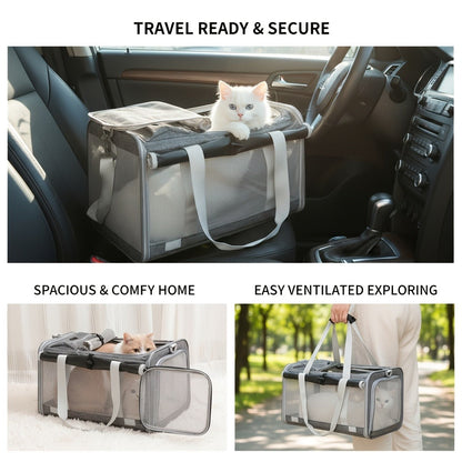 Airline Approved Pet Carrier Soft Sided Collapsible for Cats & Small Dogs - Breathable Oxford Cloth Travel Bag with Zipper Closure, Privacy Cover & Combo Set with Collar Leash Harness, Blue Pink Grey Green Beige