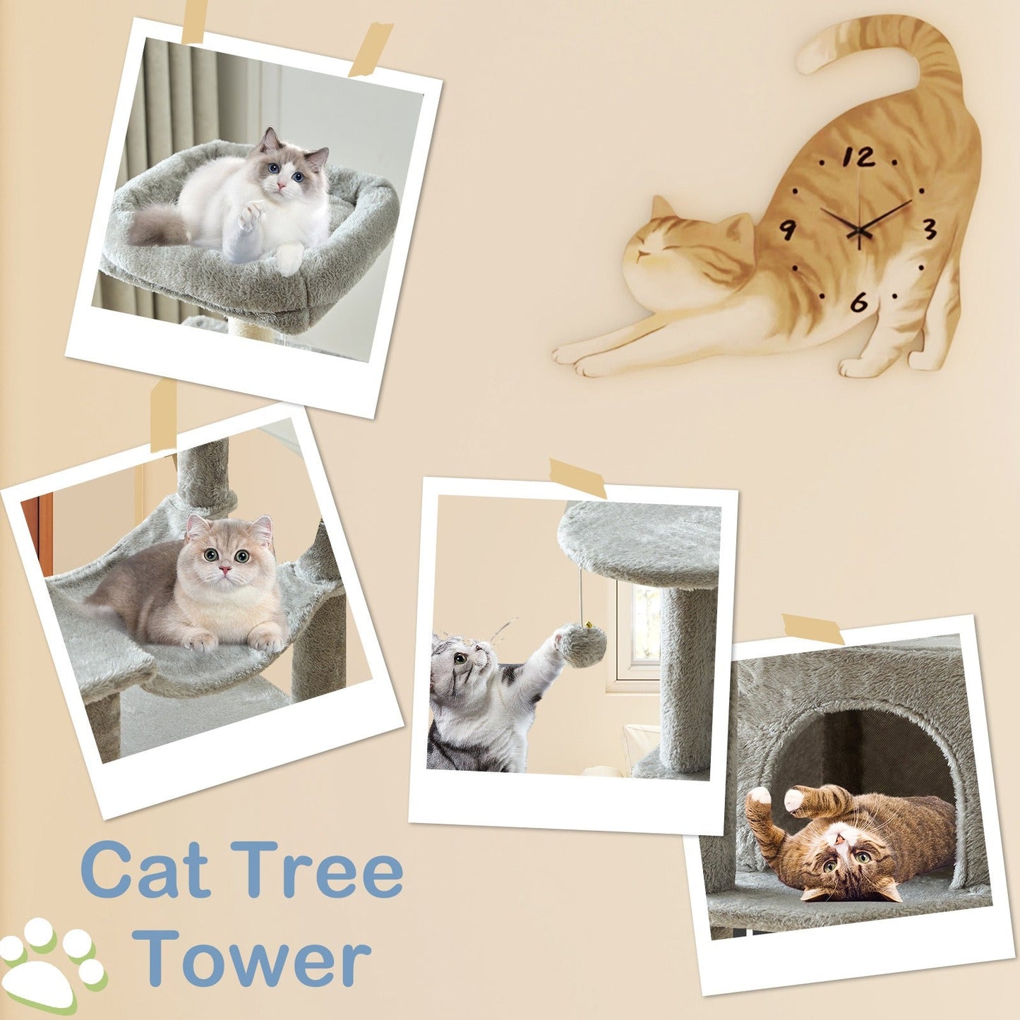 44-Inch Cat Tree Tower with Condo & Hammock - Multi-Level Indoor Cat Tree with Natural Sisal Scratching Posts, Perches & Pet House for Cats & Kittens, Stable Cat Climbing Tower, 5 Colors