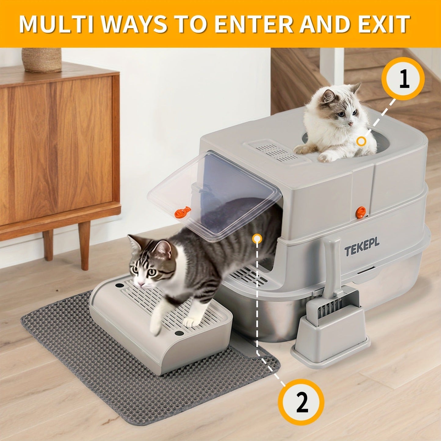 Stainless Steel Cat Litter Box with Lid - Extra Large 68L Enclosed & Semi-Open Modular System, 304 Steel Non-Stick Easy Clean, Charcoal Filter, Litter Mat & Scoop Included, Indoor XL Pet Toilet