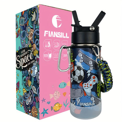 Kids Insulated Water Bottle 16oz with 3D Print Design - Stainless Steel Vacuum Flask, Leak-Proof BPA-Free, One-Hand Lid, Woven Strap & Carabiner, Perfect Student Gift for Boys & Girls, 8 Fun Styles