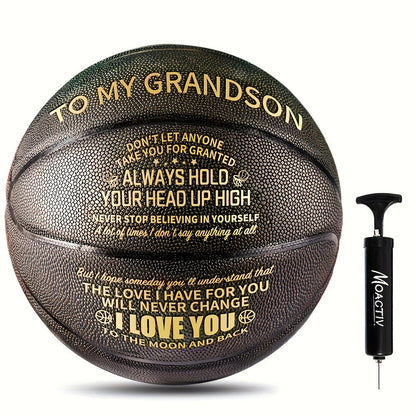 Engraved Basketball Gift for Grandson & Son - Size 7 PU Indoor Outdoor with Pump, Inspirational Message, Birthday Christmas Gift, Multi-Color