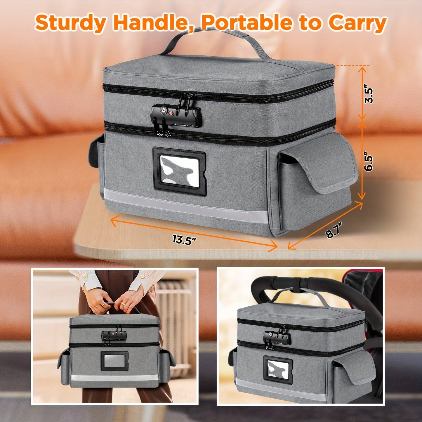 Lockable Medicine Organizer Bag with Combination Lock, Double-Layer Large Capacity Pill Bottle Storage Case for Prescription Bottles First Aid Supplies Home Travel, Portable Medication Carry Bag Red Grey Black