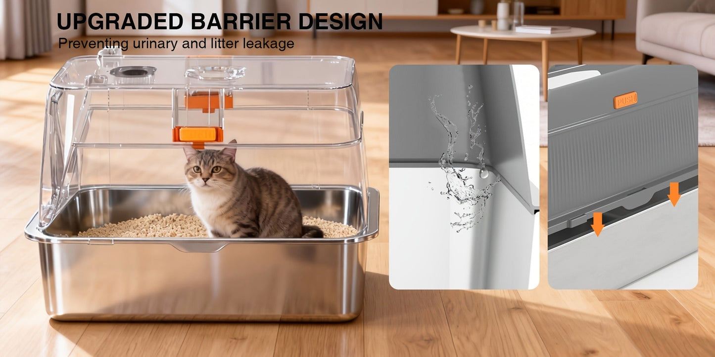Extra Large Enclosed Cat Litter Box - Stainless Steel with Front Flap Door, Foldable Anti-Splash Fully Covered Design, Superior Odor Control Indoor Cat Toilet, 3 Colors, CITYLIFE Oversized