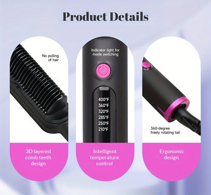 6-Setting Ionic Hair Straightener Brush with Fast Heat-Up & Anti-Scald Protection – Precise Temperature Control Flat Iron Straightening Comb for Women, All Hair Types, Home & Salon Use