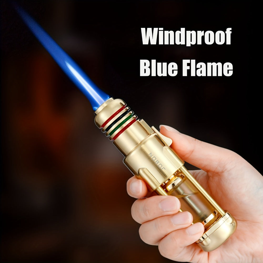 Butane Torch Lighter Windproof Jet Flame Zinc Alloy Refillable – Visible Fuel Tank, Adjustable Blue Flame, Rocket Design for Camping, BBQ, Cigar & Outdoor Use, Grey & Golden (No Butane Included)