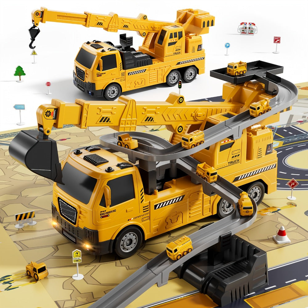 3-in-1 Crane Excavator & Racing Track Toy Set for Kids Ages 3+ – Construction Vehicle Playset with Lights & Sounds, 8 Cars Included, STEM Birthday Christmas Gift for Boys Toddlers