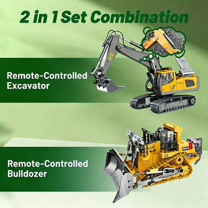 RC Construction Vehicle Set 2-in-1 & 3-in-1 – 2.4G 11-Channel Remote Control Excavator Dump Truck Forklift Bulldozer, Alloy & Plastic Engineering Toy Car Kit for Kids Boys, Birthday Christmas Gift