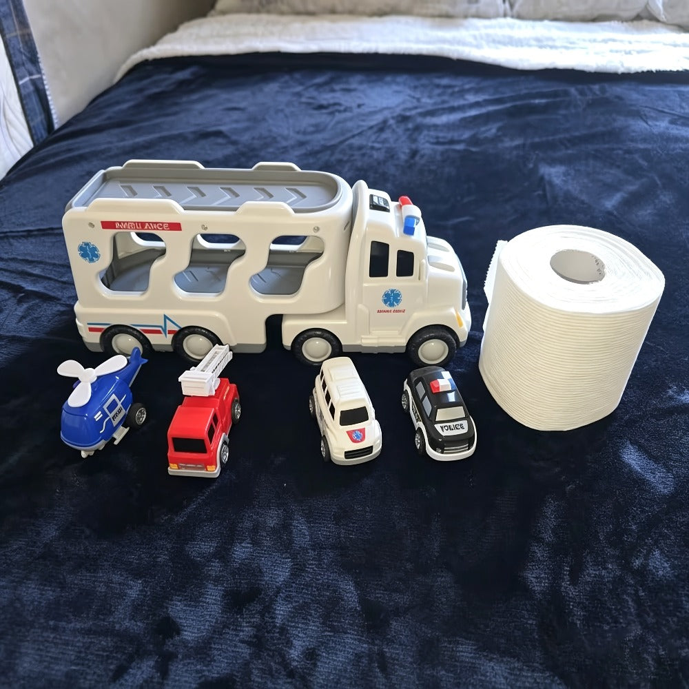 Ambulance Truck Toy Set for Boys – 5-in-1 Friction Power Carrier Truck with Lights & Sounds, Push & Go Emergency Vehicle Toys for Toddlers Kids Ages 3+, Birthday Christmas Gift for Boys