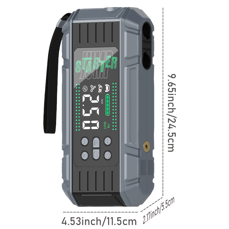 9000A Jump Starter Featuring an Air Compressor, Designed for All Gasoline And 2.11gal Diesel Engines. This Multifunctional Battery Pack Includes a Digital Tire Inflator, Blower Pump, PD65W Fast Charging Technology for Both Input And Output