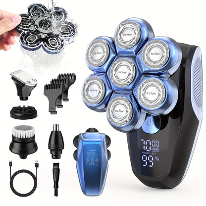 Electric Head Shaver for Bald Men 7D 7 Floating Heads — All-in-One Grooming Kit with Nose Hair Trimmer & Facial Cleaning Brush, 1.5H Fast Charging, Travel Lock, Rechargeable Men's Razor Gift Set (Blue/Black/Gold/Coffee)