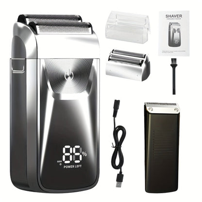 Bald Head Shaver & Beard Trimmer 2-in-1 Electric USB Rechargeable – Aluminum Foil Razor Professional Hair Clipper Grooming Tool for Men, Cordless Portable Silvery & Gold