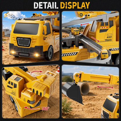 3-in-1 Crane Excavator & Racing Track Toy Set for Kids Ages 3+ – Construction Vehicle Playset with Lights & Sounds, 8 Cars Included, STEM Birthday Christmas Gift for Boys Toddlers