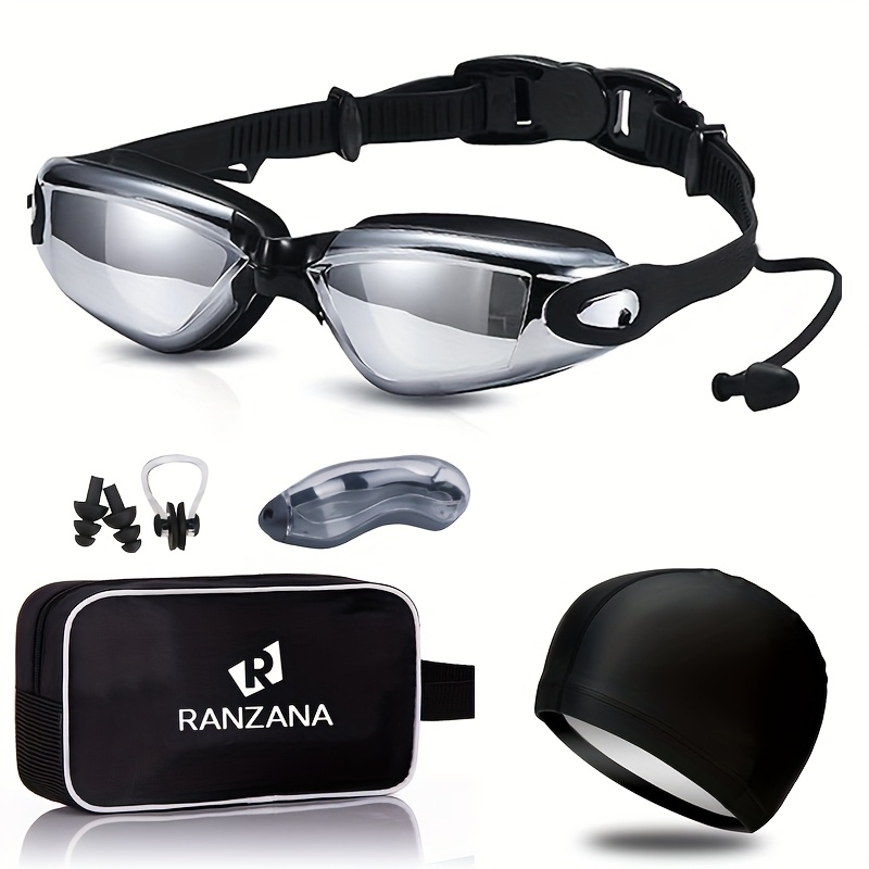 Anti-Fog Racing Swim Goggles Set 6-in-1 - HD UV Protection Silver Coated PC Lens, Waterproof PU Swim Cap, Nose Clip, Earplugs, Goggle Case & Storage Bag for Adult Men Women Pool Training Competition