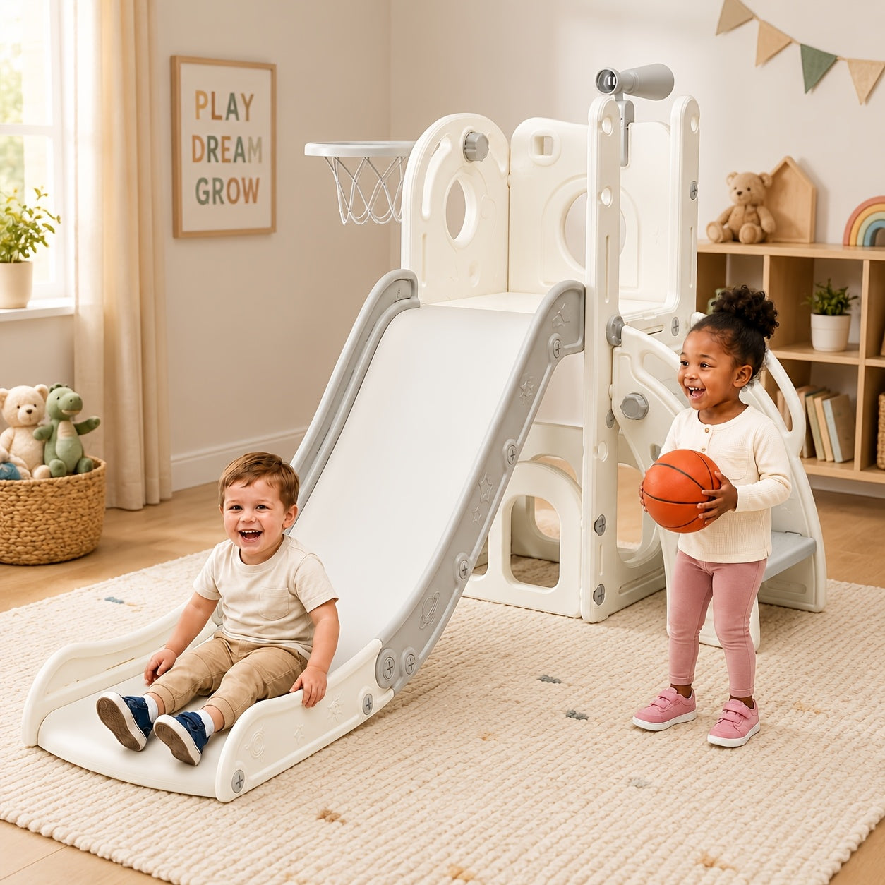 Toddler Slide & Climber Playset L-Shaped Indoor Outdoor Playground with Basketball Hoop Storage Telescope Easy Assembly Birthday Gift Boys Girls