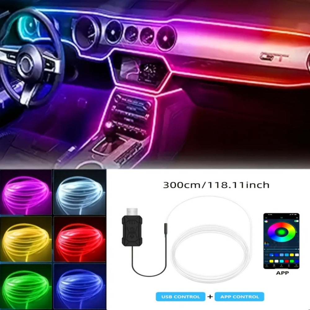 Car Interior Ambient Light Strip 3M, APP Control Music Sync 7-Color LED Atmosphere Lighting Kit for Door Console Dashboard, Rhythm-Reactive Neon Accent Lights for All Vehicles