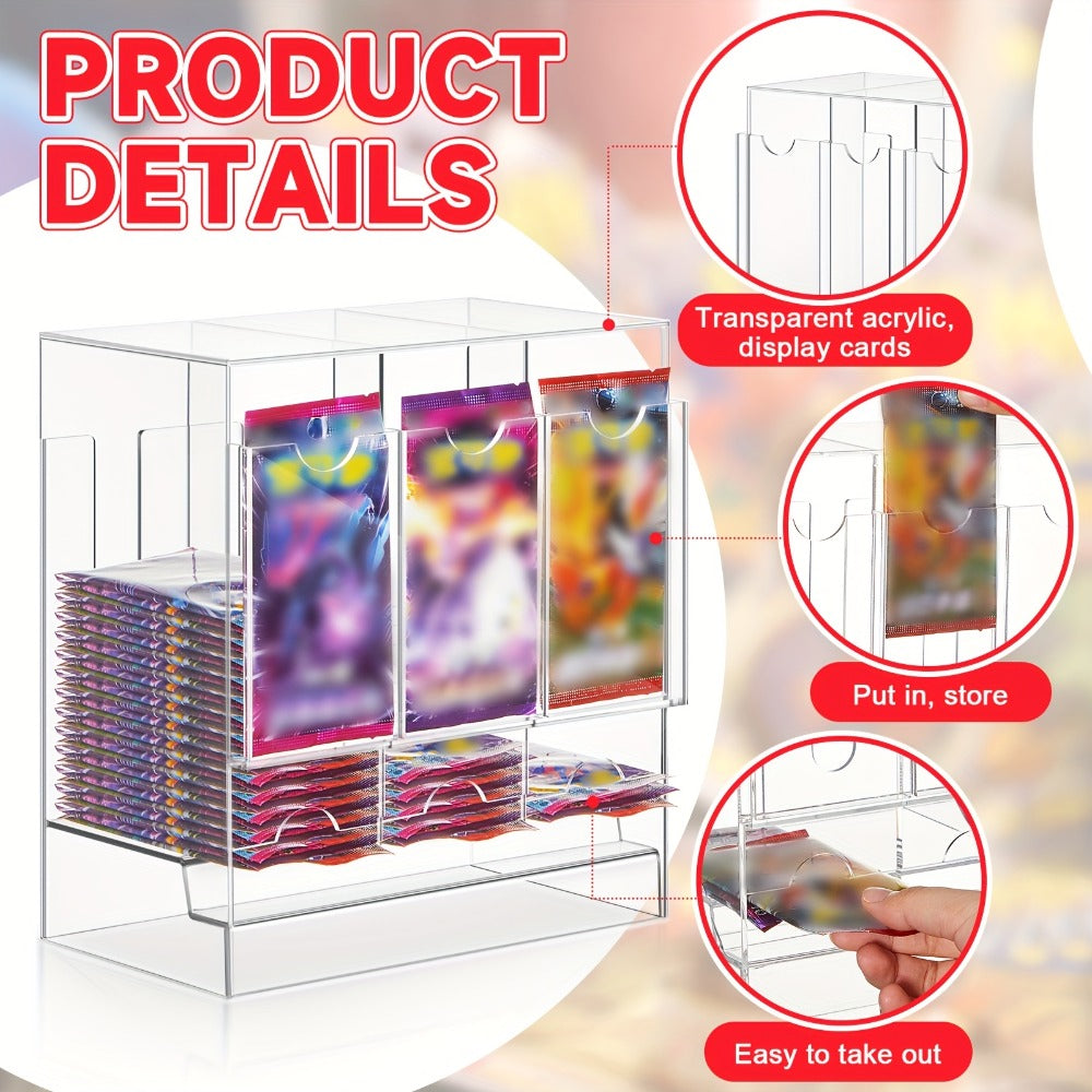 Booster Pack Dispenser Acrylic 3 Slots Clear Display Stand – Trading Card Pack Organizer Rack for Pokemon MTG Yu-Gi-Oh Sports Cards, Card Shop Counter Display Storage