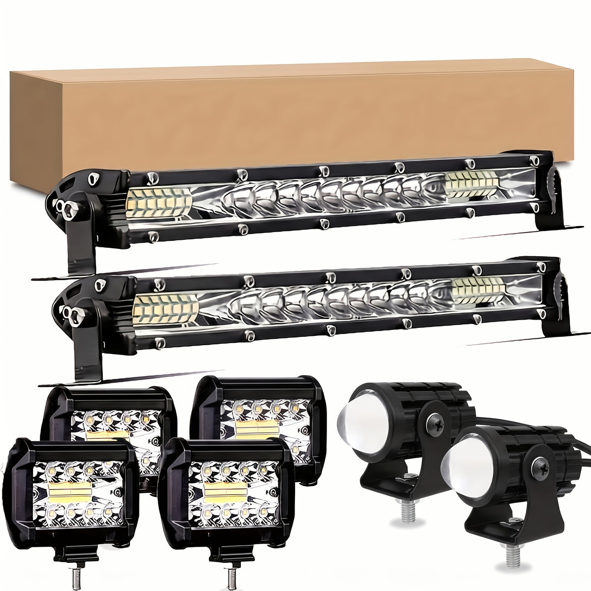 2X 10-Inch LED Light Bars And 4 X 4-Inch Lights And 2X Round Lights Offroad for Jeep Truck Car, Without Battery
