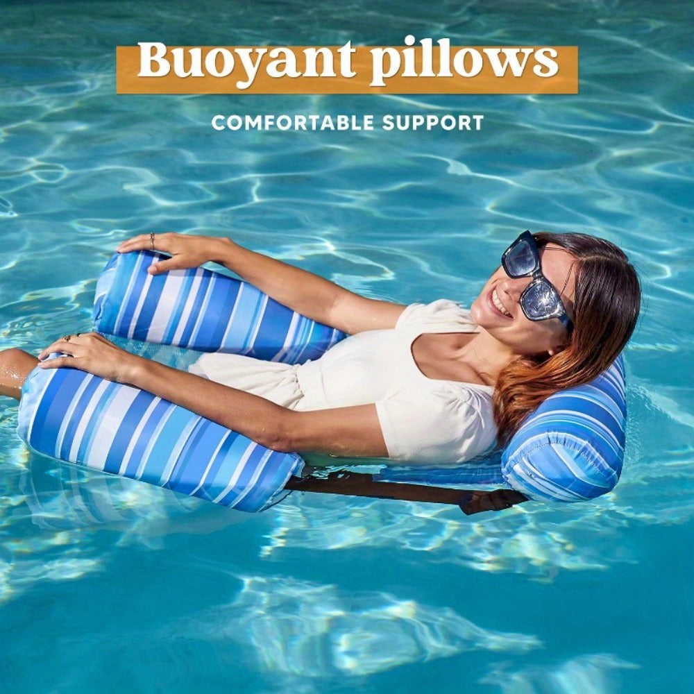 Inflatable Pool Float Lounge Chair 2 Pack for Adults – Heavy Duty Blow Up Floating Chairs with Adjustable Back & Head Support, Pillow, Fabric Cover, Pool Beach Lake Summer Water Party Gift Set