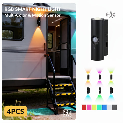 4pcs Dual Head Motion Sensor Wall Lights Rechargeable Magnetic Interior RV Night Light 3 Colors RGB for Bedroom Stairs Cabinet