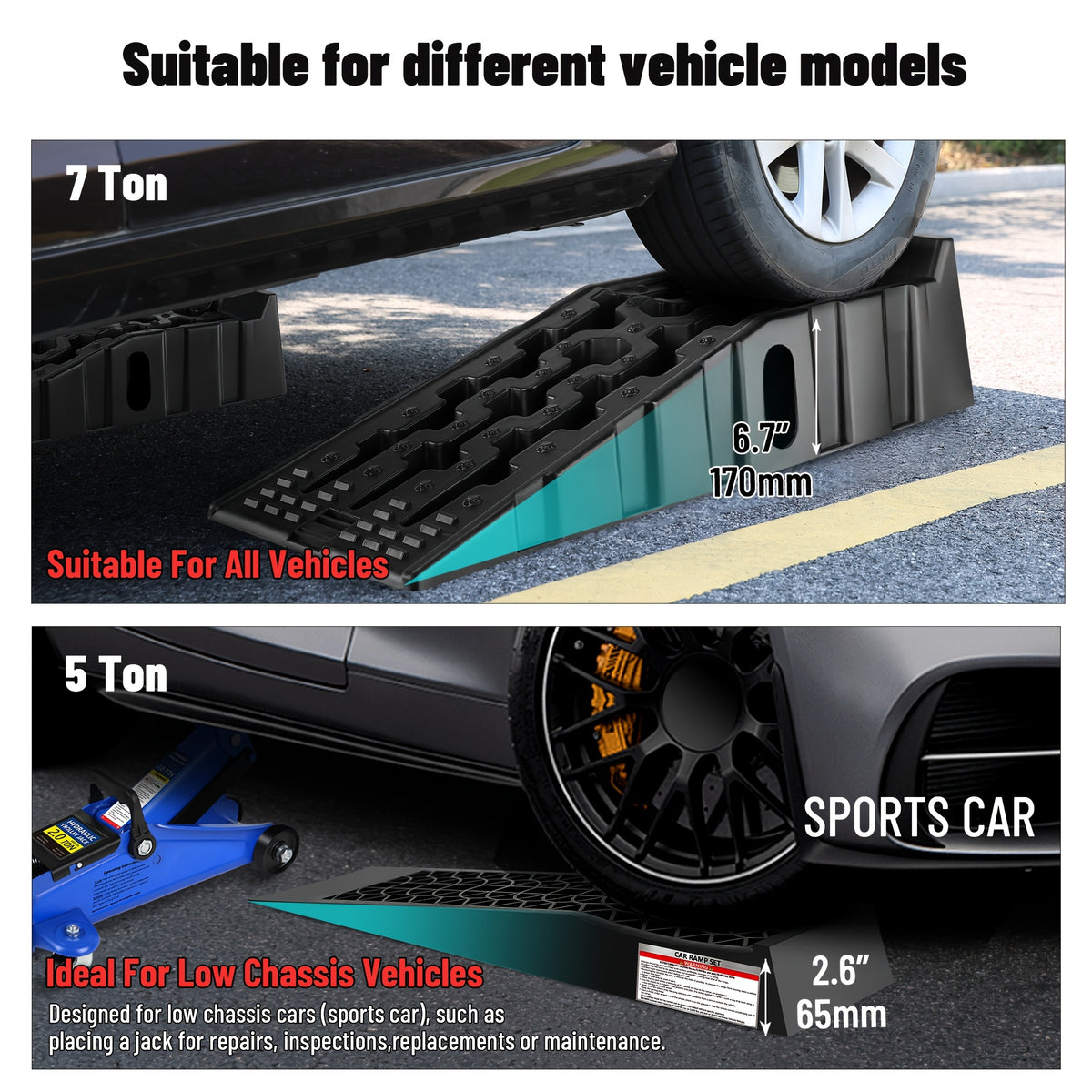 7Ton 5Ton Ramp Vehicle Ramp Pair - Ideal for Stress-Free Home Garage Maintenance - Reduces Slippage - Works with Low Clearance Vehicles - 16, 000lbs/10, 000lbs GVW Capacity - Extra-Wide Design