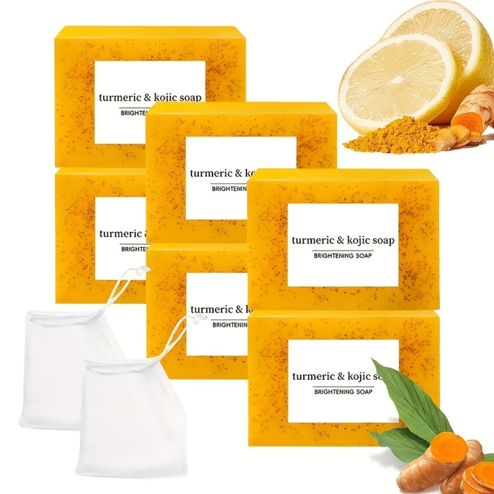 Kojic Acid Soap Set with Turmeric & Lemon – Handmade Cold-Processed Brightening Bars for Face & Body, Deep Cleansing & Hydrating, All Skin Types, Includes Foaming Net & Bath Tools