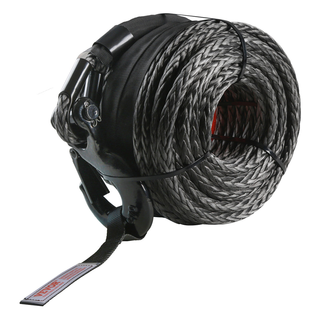 VEVOR Synthetic Winch Rope, 3/8 Inch x 85 Feet 26,500 lbs Synthetic Winch Line Cable Rope with Protective Sleeve + Forged Winch Hook + Pull Strap, Universal Fit for SUV, Large Off-Road Vehicle, Truck