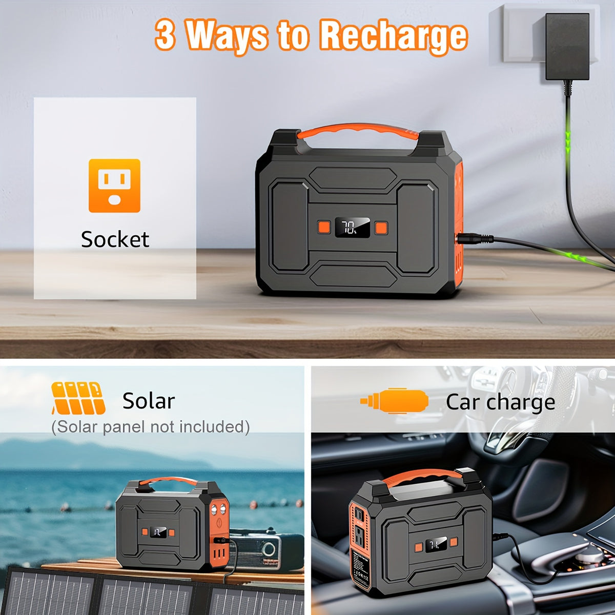 100W/300W Portable Power Station Solar Generator, (Solar Panel Optional), High Capacity Battery Pack, With 2*AC Outlet, DC, USB Port, LED Light, Extra Battery Power Supply For Outdoor Camping, Hiking, Road Trip, CPAP, Fan, Hurricane Emergency, Gift