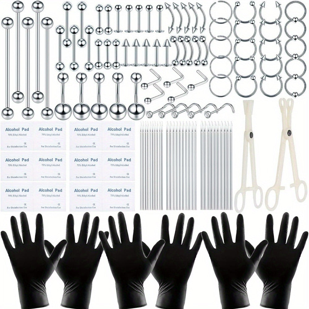 Professional Piercing Kit 120pcs – Complete Body Piercing Set with Stainless Steel Needles, Clamps, Gloves & Jewelry for Ear, Nose, Septum, Belly Button, Lip & Tongue