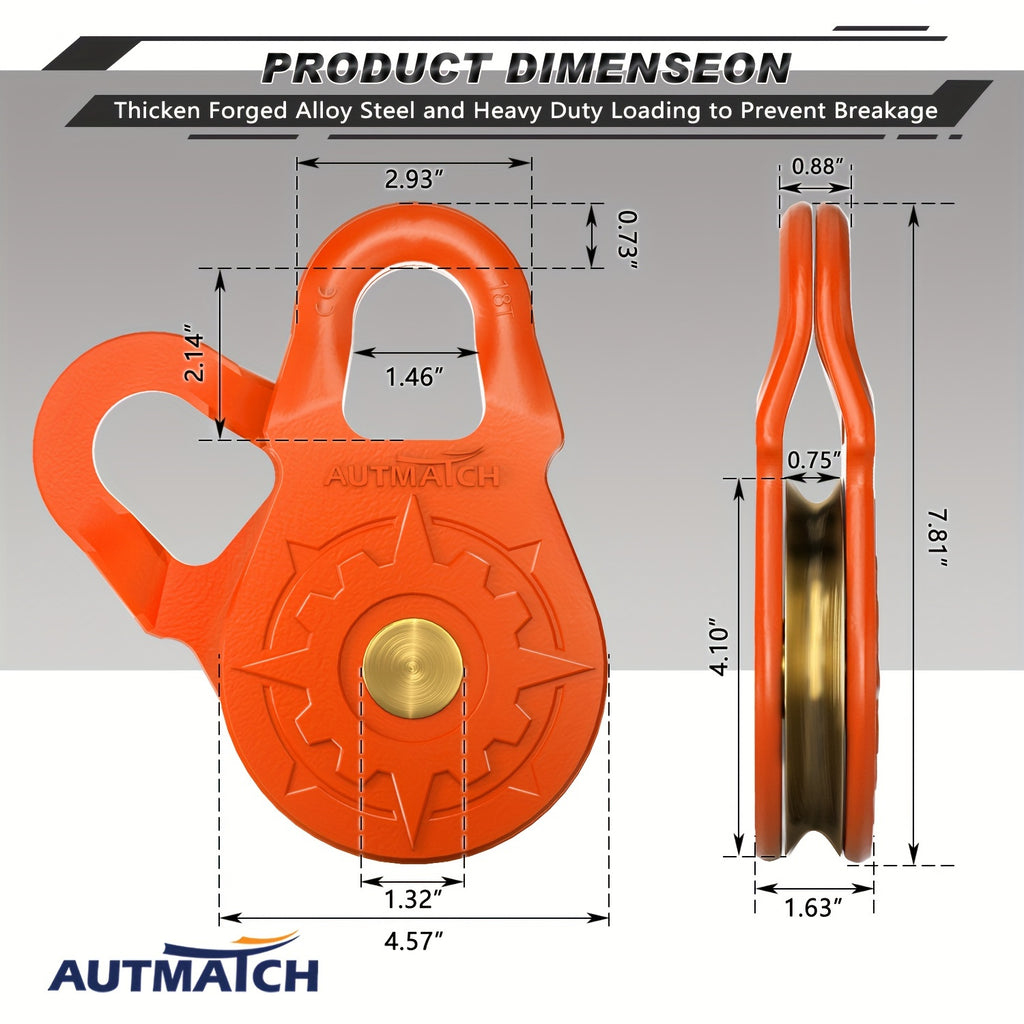 AUTMATCH 18 Ton Heavy-Duty Winch Snatch Block - 79,366 lbs Break Strength Forged Steel Pulley System, Galvanized & Powder Coated Off-Road Recovery Block for Truck, UTV, ATV, 4WD - Steel/Synthetic Cable Compatible (Multi-Color Options)