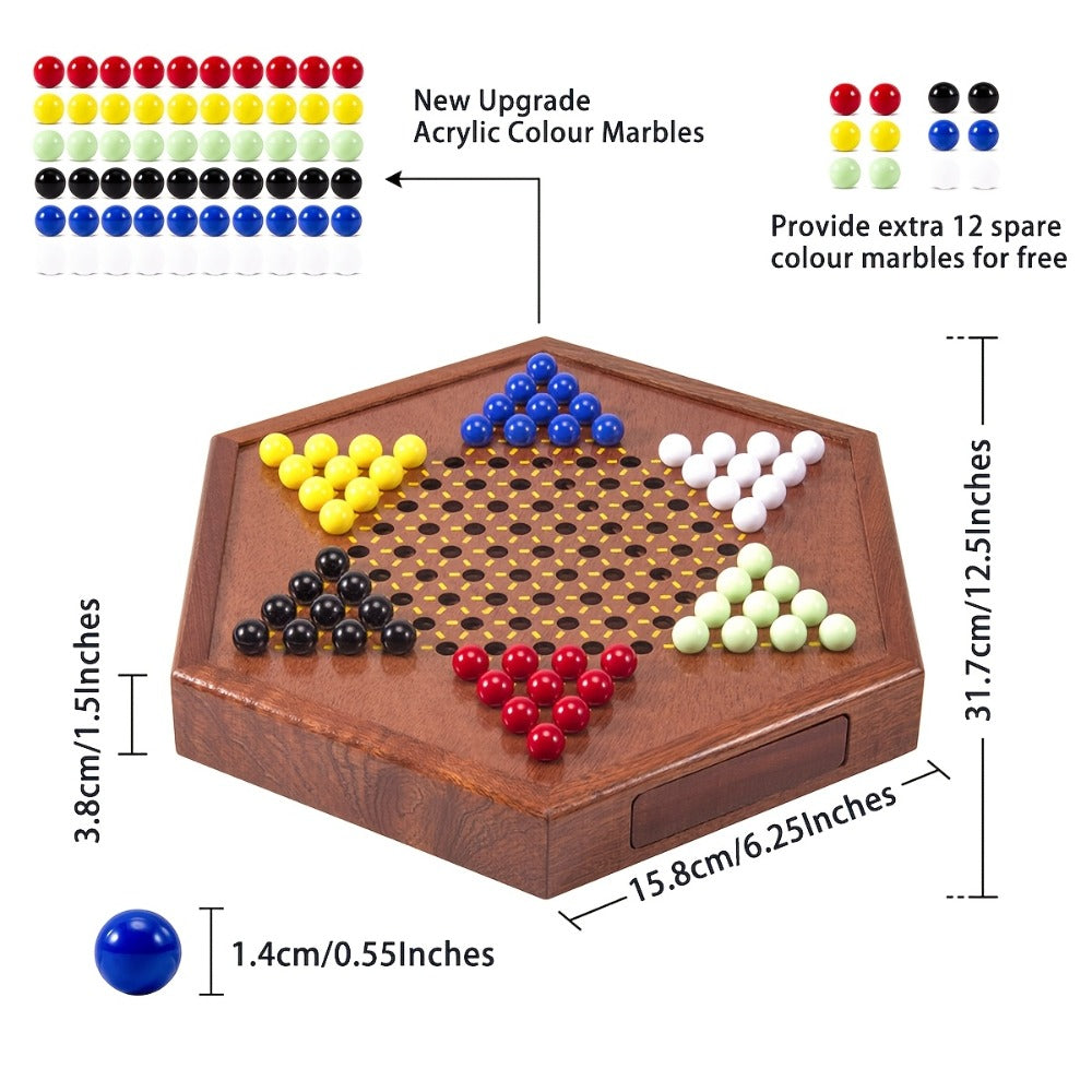 Deluxe Wooden Chinese Checkers Game Set 12.5 Inch Hexagonal Board with Storage Drawer 60 Acrylic Marbles – Classic Family Strategy Board Game for Kids Adults Game Night Gift