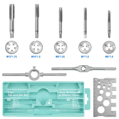 Tap and Die Set Metric – 12-Piece & 40-Piece M3-M12 Thread Plug Straight Taper with Pitch Calipers & Wrench, Internal & External Threading Tool Kit for Metal, DIY & Home Repair