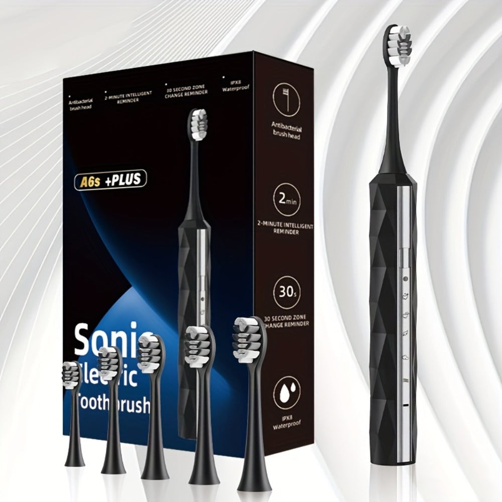 Sonic Electric Toothbrush IPX8 Waterproof – USB Rechargeable, Smart Timer, Metal Handle, 5 Replacement Brush Heads, Soft Bristles for Adults Men & Women – Black & Blue