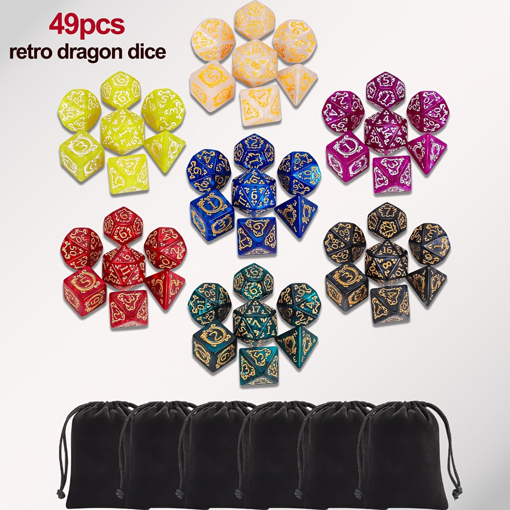 DnD Dice Set 49pcs Dragon Pattern Polyhedral Dice 7 Sets with Pouches – D4 D6 D8 D10 D12 D20 for Dungeons & Dragons RPG MTG Tabletop Games, 7 Colors Acrylic Gamer Gift