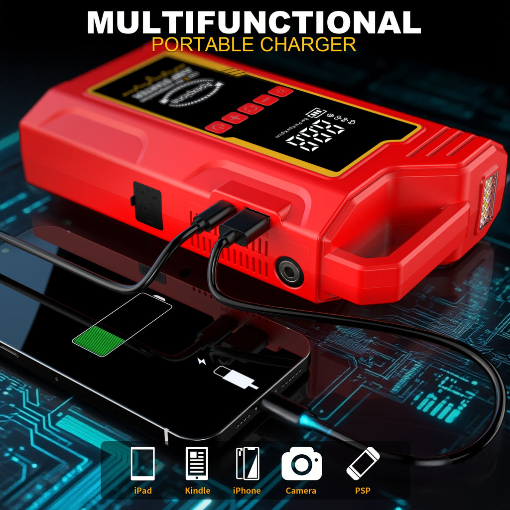 10000A-18000A High-current Car Starter with Air Compressor, 366PSI Inflator, for 12V (ALL Gas/ALL Diesel). Smart Cables, Protections, Fast USB, LED Light, Storage Bag. Hurricane Emergency Lighting, Auto Tool.Nice Gift