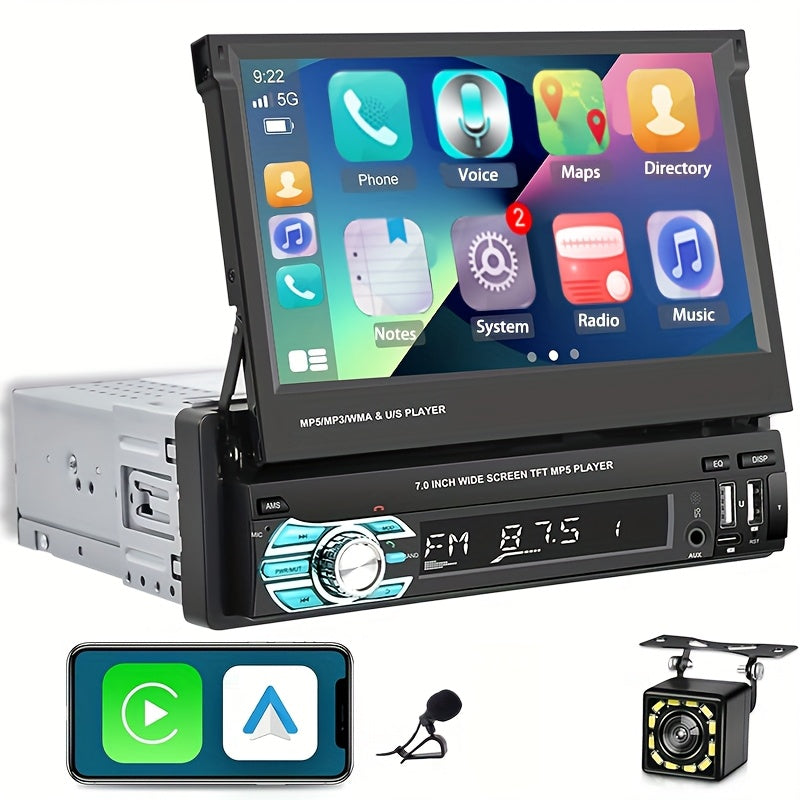Podofo Wireless Carplayer Single Din Car Stereo 7 Inch HD Flip Out Touchscreen with Wireless Car Player Android Auto, Wireless, Type-C/USB/TF/AUX, SWC, FM, Voice Control, Backup Camera