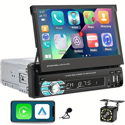 Podofo Wireless Carplayer Single Din Car Stereo 7 Inch HD Flip Out Touchscreen with Wireless Car Player Android Auto, Wireless, Type-C/USB/TF/AUX, SWC, FM, Voice Control, Backup Camera