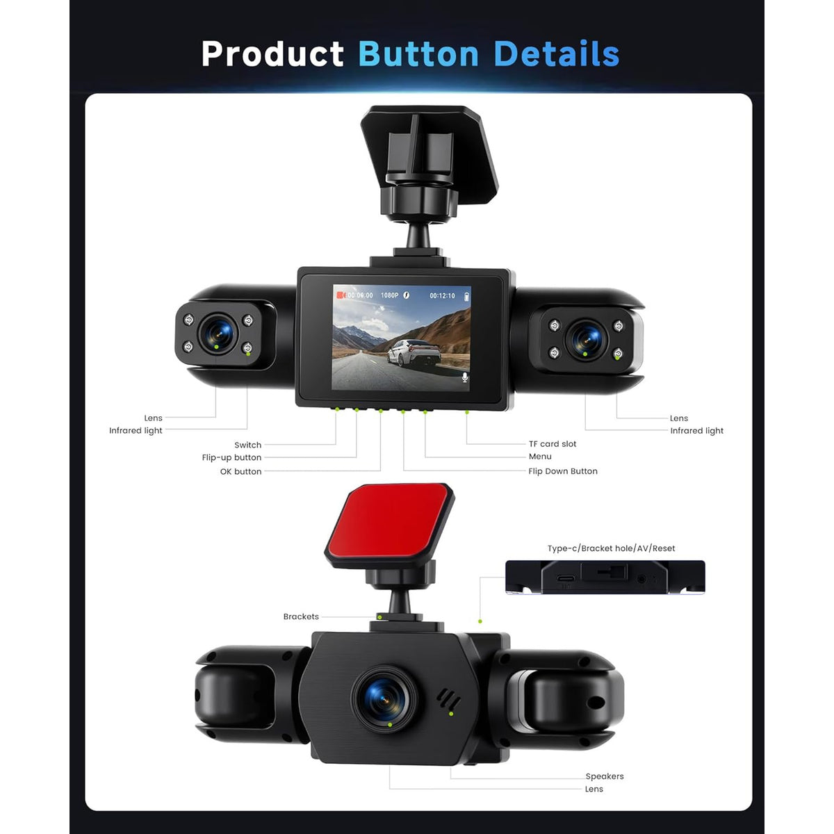4-Channel Front/Rear/Left/Right, 2-inch IPS Screen, Dual Lens Camera Dash Cam 1080P, Suitable for Cars, Night Vision, Loop Recording, 24-Hour Parking Monitoring with G-Sensor/Motion Detection, Optional 64GB Memory Card, Vehicle Security Camera
