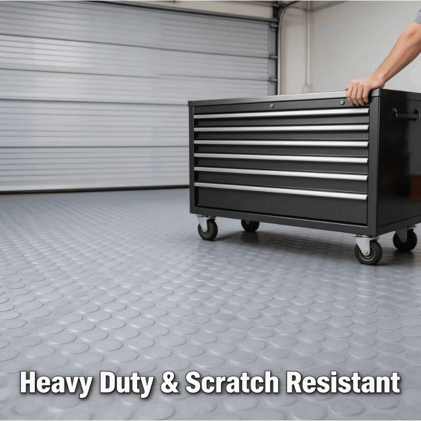 Garage Floor Mat Roll 7x16 FT Heavy Duty PVC Flooring for Parking, Waterproof Under-Car Protector for RV Trailer Workshop, Stain-Resistant Non-Slip Runner Mat, Black & Grey Coin Pattern