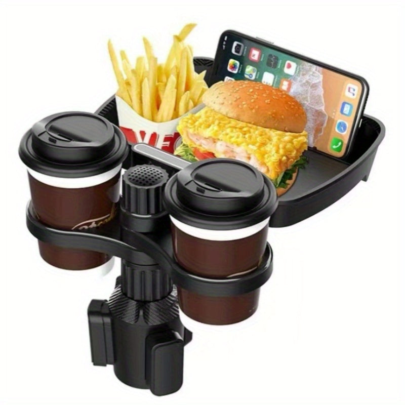 Three in one car cup holder tray phone holder - dual expandable base, ABS adjustable car seat organizer for food, drinks, and snacks - portable car table for children and adults, perfect for road travel and travel, car phone holder