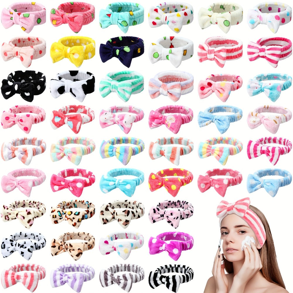 Spa Headbands for Women 48 Pack Fluffy Plush Bow Hair Band – Novel Pattern Mixed Color Bulk Set for Face Washing Makeup Shower Skincare Facial Cleansing Slumber Party Bachelorette Esthetician Supplies
