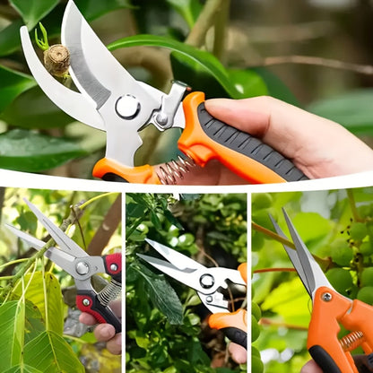 Gardening Pruning Tool Set 8 Piece Stainless Steel | Pruning Shears Scissors Pliers Ergonomic Handle with Wiping Cloth | Lawn Tree Garden Care Kit Orange Yellow Green