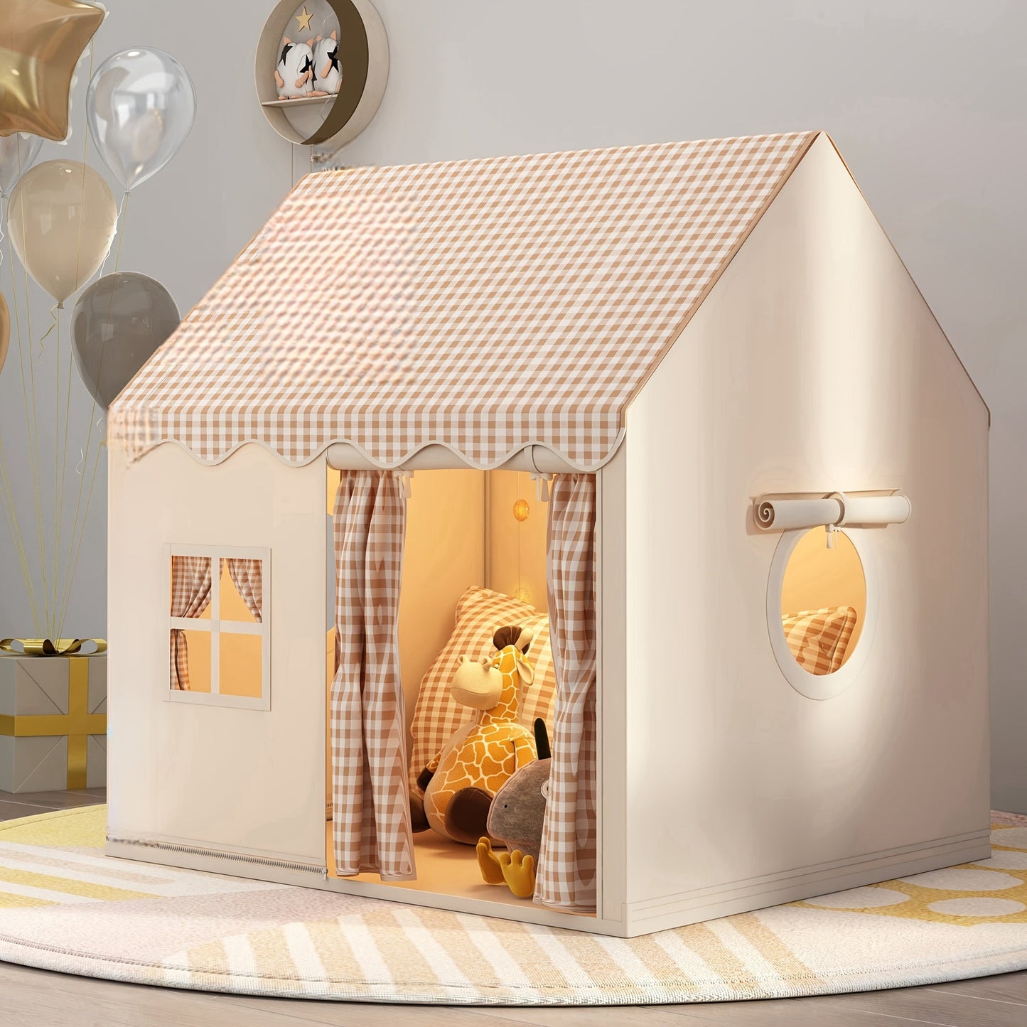 Kids Cabin Style Checked Play Tent – Indoor & Outdoor Polyester Playhouse Tent for Home Decor & Family Fun | Pink, Khaki, Yellow | Holiday Gift & Party Decoration