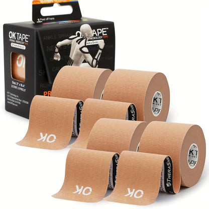 Kinesiology Tape 4 Rolls Precut 20 Strips, Cotton Elastic Athletic Tape Latex Free 2in x 16ft for Knee Shoulder Muscle Support Sports Recovery, Beige Black Pink Navy Blue Green Red