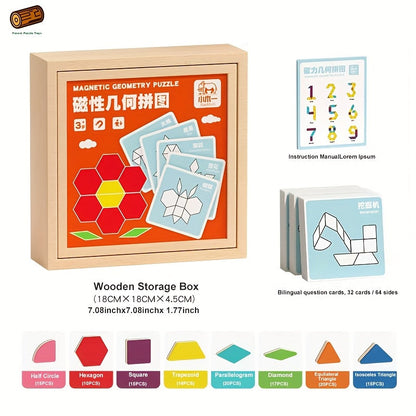 Magnetic Wooden Puzzle Blocks 128 180 220 Piece Set – Geometric Figures Cognitive Learning STEM Toy for Kids, Creative Jigsaw Building Gift for Toddlers & Children
