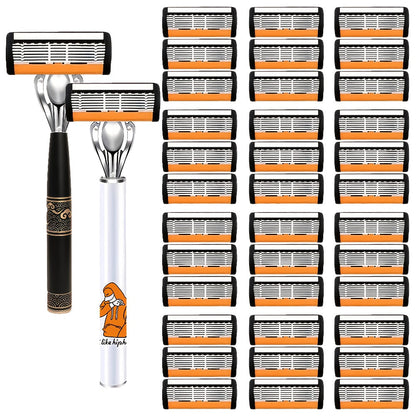 6-Layer Blade Men's Razor Set with Lubricating Strip 2 Handles & 36 or 72 Replacement Blades – Smooth Close Shave Contour-Fitting Ergonomic Manual Shaver for Men Daily Grooming