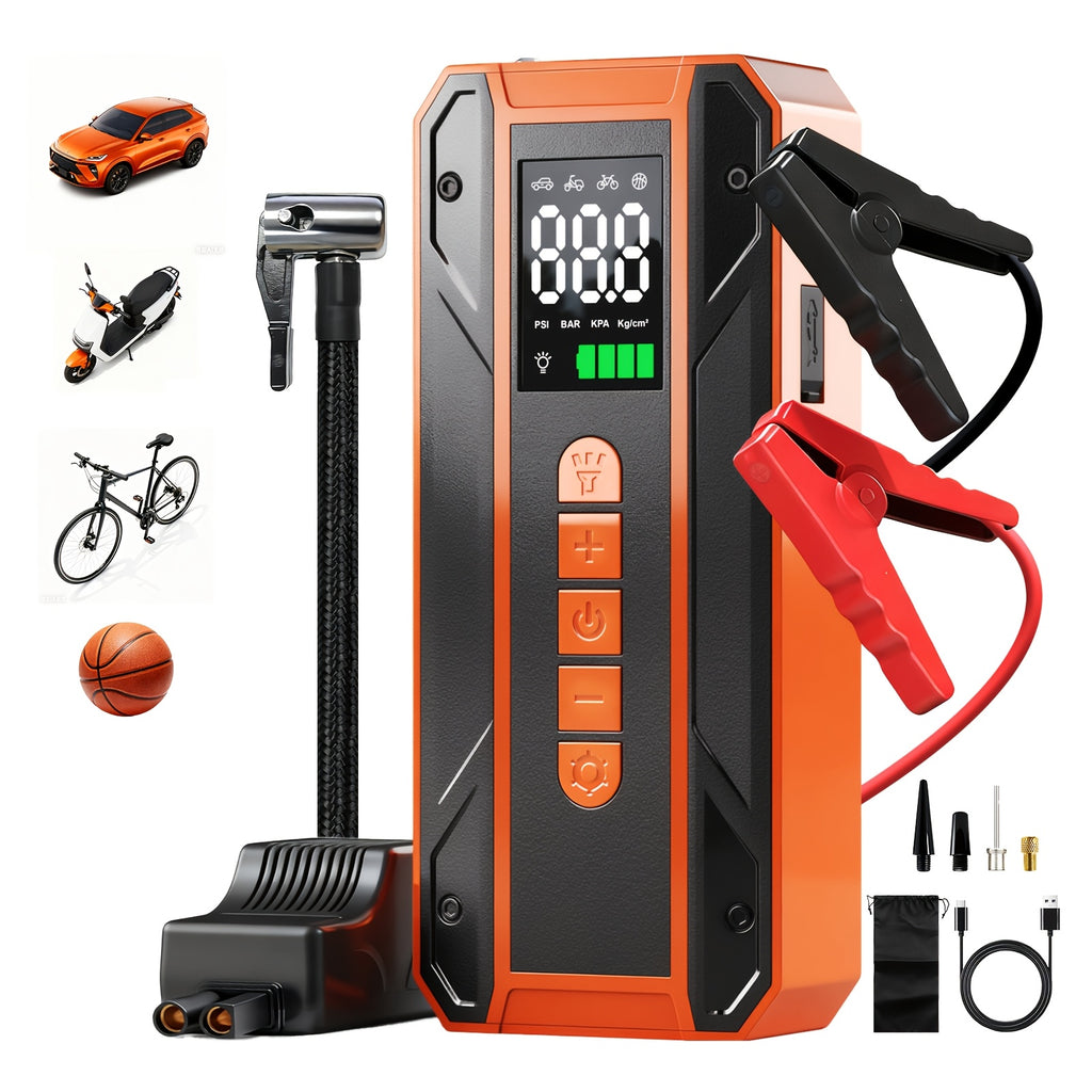 Portable 12V Jump Starter with Air Compressor & Tire Inflator, LCD Display Battery Booster Pack, - Power, 3-Mode Flashlight, Built-In Charger & Booster for, Emergency Power Supply Suitable for Car Jumper, Tire Inflator, Battery Booster