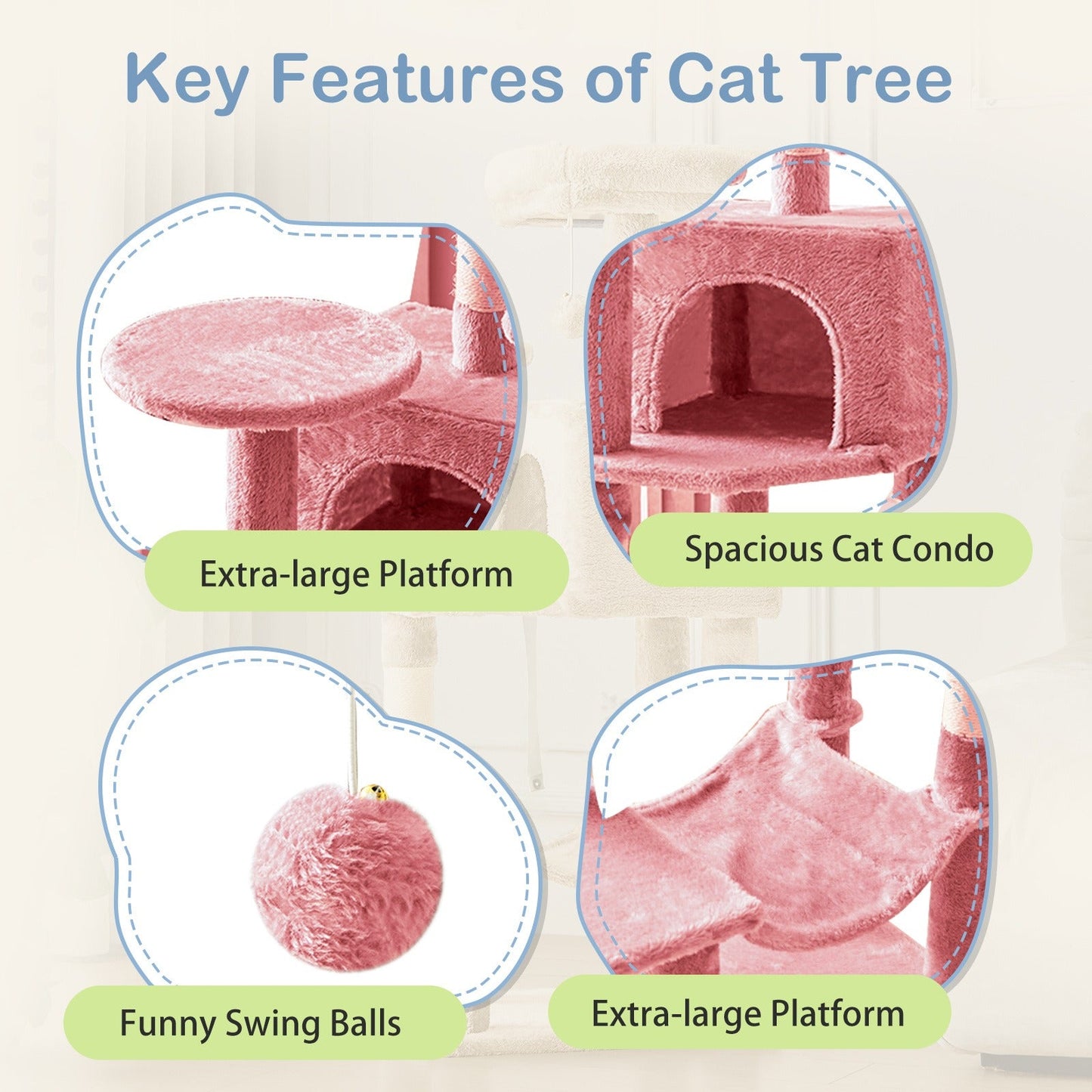 44-Inch Cat Tree Tower with Condo & Hammock - Multi-Level Indoor Cat Tree with Natural Sisal Scratching Posts, Perches & Pet House for Cats & Kittens, Stable Cat Climbing Tower, 5 Colors