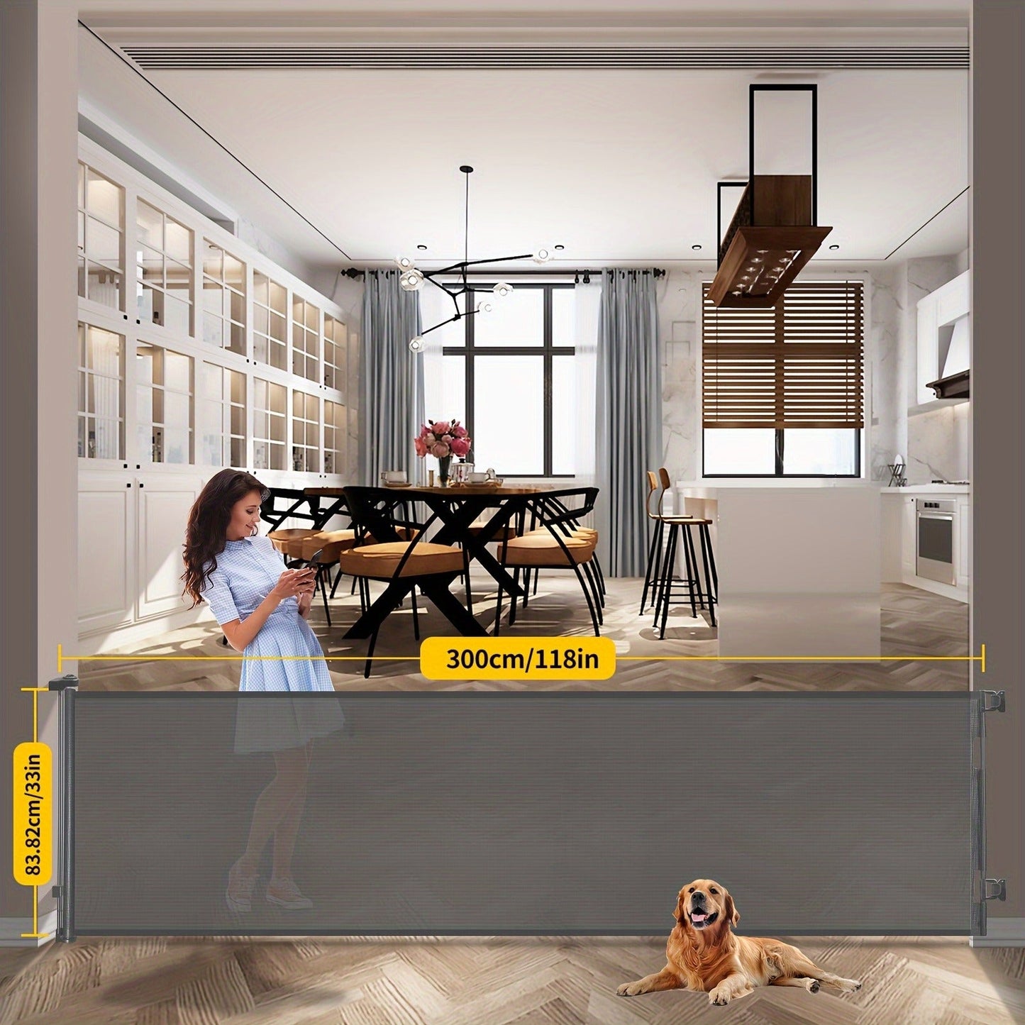 Retractable Baby Gate & Mesh Dog Gate - Extends 55" to 197" Wide, Child Safety Gate for Doorways Stairs Hallways, Indoor & Outdoor Use, Black / White / Gray, 6 Size Options